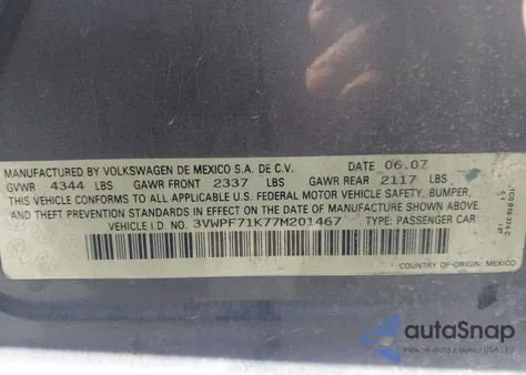 2007 Volkswagen Jetta 2.5 z USA, uszkodzony, nr VIN 3VWPF71K77M201467